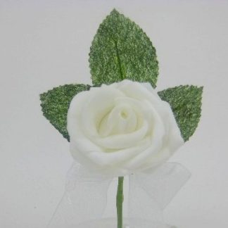 YF169W  COTTAGE ROSE BUTTONHOLE/CORSAGE IN WHITE COLOURFAST FOAM- BUY 24 PCS PAY ONLY 50P EACH